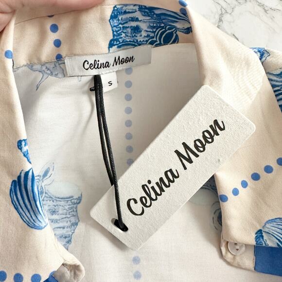 Celina Moon X Anthro Shell Print Tie Waist Midi Shirt Dress Women’s Size Small - Picture 10 of 16